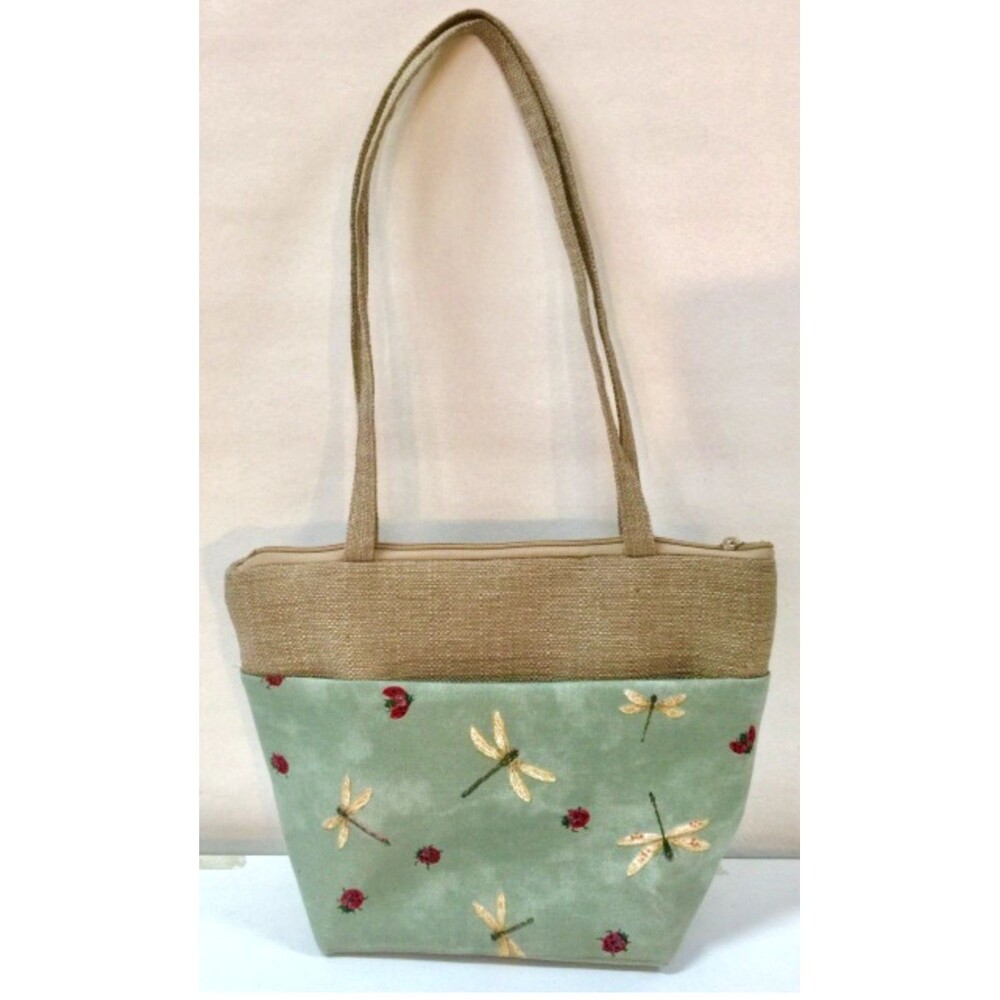 VTG G's Glory Fabric Shoulder Purse Green w Dragonflies and Ladybugs Zip Closure